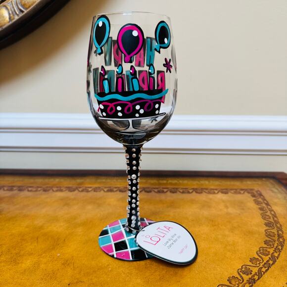 Lolita Happy Birthday Balloons Cake Rhinestone Handpainted Wine Glass 15 oz NEW - Picture 4 of 9